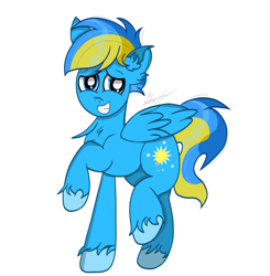 Size: 2984x3040 | Tagged: safe, artist:thepinkbirb, imported from derpibooru, oc, oc only, oc:spectrumlight, pegasus, pony, blue eyes, chest fluff, digital art, ear fluff, folded wings, full body, grin, high res, male, nervous, nervous grin, pegasus oc, raised hoof, raised leg, signature, simple background, smiling, solo, stallion, tail, two toned mane, two toned tail, unshorn fetlocks, white background, wings