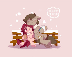 Size: 3033x2392 | Tagged: safe, artist:drtuo4, imported from derpibooru, oc, oc only, oc:crimm harmony, earth pony, pegasus, pony, bench, blushing, bracelet, chin fluff, cute, duo, earth pony oc, eyes closed, female, floppy ears, freckles, glasses, grin, high res, hoof hold, hooves, jewelry, male, mare, ocbetes, one eye closed, pegasus oc, pink background, shadow, simple background, sitting, smiling, snow, stallion, tail, underhoof