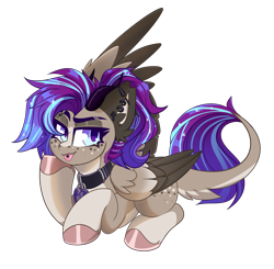 Size: 2000x1957 | Tagged: safe, artist:star-theft, imported from derpibooru, oc, oc only, oc:ouija, pegasus, pony, collar, colored hooves, ear fluff, ear piercing, earring, female, freckles, full body, hoof polish, hooves, jewelry, leonine tail, looking at you, lying down, mare, one wing out, pegasus oc, piercing, prone, simple background, solo, tail, three quarter view, transparent background, wing fluff, wings