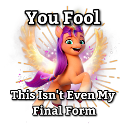 Size: 1400x1400 | Tagged: safe, edit, imported from derpibooru, sunny starscout, alicorn, pony, spoiler:my little pony: a new generation, alicornified, artificial alicorn, artificial horn, artificial wings, augmented, badge, bag, caption, dragon ball, dragon ball z, eyebrows, female, g5, horn, image macro, looking at you, magic, magic horn, magic wings, mane stripe sunny, mare, meme, my little pony: a new generation, open mouth, open smile, princess sunny starscout, race swap, satchel, shadow, simple background, smiling, solo, spread wings, sunnycorn, text, this isn't even my final form, transparent background, unshorn fetlocks, wings