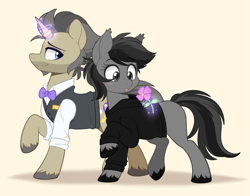 Size: 2557x2000 | Tagged: safe, artist:higgly-chan, imported from derpibooru, oc, oc only, oc:grey matter, oc:mystic cache, earth pony, pony, unicorn, beard, beige background, blushing, bowtie, clothes, cute, ear tufts, facial hair, female, flower, hoodie, horn, horn ring, jacket, jewelry, magic, male, mare, missing cutie mark, raised hoof, ring, shirt, simple background, stallion, straight, telekinesis, unshorn fetlocks, vest