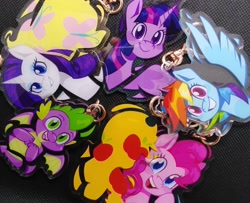 Size: 1066x866 | Tagged: safe, artist:imaplatypus, imported from derpibooru, applejack, fluttershy, pinkie pie, rainbow dash, rarity, spike, twilight sparkle, alicorn, dragon, earth pony, pegasus, unicorn, floating wings, keychain, mane seven, mane six, photo, silhouette, twilight sparkle (alicorn), wings