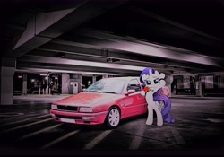 Size: 9792x6864 | Tagged: safe, artist:bluse, derpibooru exclusive, edit, editor:seborarity, imported from derpibooru, rarity, pony, unicorn, bipedal, blushing, bracelet, car, female, flower, jewelry, maserati, maserati quattroporte, mouth hold, rose, sexy, solo