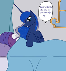 Size: 600x644 | Tagged: safe, artist:ask--luna-and-rarity, imported from derpibooru, princess luna, rarity, alicorn, pony, unicorn, bed, female, lesbian, rariluna, shipping, sleeping