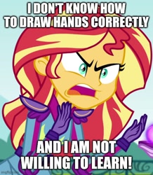 Size: 500x574 | Tagged: safe, edit, edited screencap, imported from derpibooru, screencap, sunset shimmer, equestria girls, animation error, exploitable meme, image macro, meme, sunset is not willing to learn