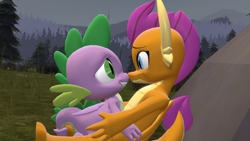 Size: 1920x1080 | Tagged: safe, artist:ponygamer2020, imported from derpibooru, smolder, spike, dragon, 3d, blushing, boop, cute, dragoness, duo, ear, eye contact, female, forest, happy, horn, hug, kissing, looking at each other, looking at someone, male, noseboop, rock, shipping, sitting, smiling, smolderbetes, source filmmaker, spikabetes, spolder, straight, tail, winged spike, wings
