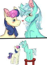 Size: 2200x3000 | Tagged: safe, artist:valkiria, imported from derpibooru, bon bon, lyra heartstrings, sweetie drops, earth pony, pony, unicorn, blushing, cute, female, heart, high res, lesbian, looking at each other, looking at someone, lyrabon, missing cutie mark, shipping, simple background, table