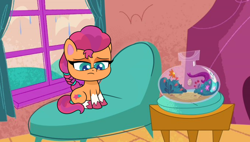 Size: 1500x850 | Tagged: safe, artist:malarkey, edit, edited screencap, imported from derpibooru, screencap, sunny starscout, earth pony, pony, my little pony: pony life, the 5 habits of highly effective ponies, spoiler:my little pony: a new generation, chair, curtains, female, frown, g4.5, g5, g5 to g4.5, i can't believe it's not hasbro studios, looking down, mare, my little pony: a new generation, sad, sitting, solo, table, trace, window