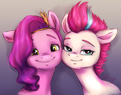 Size: 2244x1764 | Tagged: safe, artist:buttersprinkle, imported from derpibooru, pipp petals, zipp storm, pegasus, pony, bust, duo, duo female, female, g5, gradient background, looking at you, mare, my little pony: a new generation, siblings, sisters, smiling, smiling at you