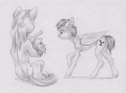 Size: 2696x2009 | Tagged: safe, artist:joestick, imported from derpibooru, oc, oc only, earth pony, pegasus, pony, unicorn, female, foal, mare, monochrome, traditional art