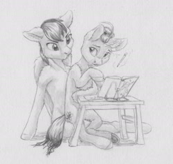 Size: 2134x2030 | Tagged: safe, artist:joestick, imported from derpibooru, oc, oc only, oc:sheron, pegasus, pony, unicorn, book, female, mare, monochrome, table, traditional art