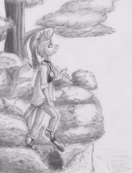 Size: 2514x3285 | Tagged: safe, artist:joestick, imported from derpibooru, oc, oc only, oc:sheron, anthro, unguligrade anthro, unicorn, bush, female, log, mare, monochrome, outdoors, traditional art, tree