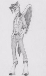 Size: 2249x3678 | Tagged: safe, artist:joestick, imported from derpibooru, oc, oc only, anthro, pegasus, unguligrade anthro, clothes, jeans, male, monochrome, pants, shirt, stallion, traditional art