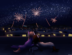 Size: 3250x2500 | Tagged: safe, artist:vezja, imported from derpibooru, oc, oc only, oc:cj, pony, balcony, behind, building, bulgaria, can, city, commission, duo, female, fireworks, flag, flag pole, happy new year, holiday, looking away, lying down, male, mare, mountain, night, phone, plate, prone, sky, stallion, stars