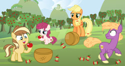 Size: 1024x546 | Tagged: safe, artist:velveagicsentryyt, imported from derpibooru, applejack, little mac, oc, oc:apple pie, oc:apple sweet, earth pony, pony, :s, apple, apple tree, base used, basket, colt, deviantart watermark, female, filly, foal, food, freckles, frown, hoof hold, male, mare, obtrusive watermark, offspring, open mouth, parent:applejack, parent:big macintosh, parent:caramel, parent:sugar belle, parents:carajack, parents:sugarmac, shrunken pupils, sitting, smiling, tree, unshorn fetlocks, wall of tags, watermark, wavy mouth