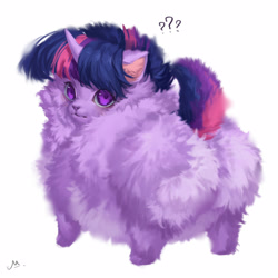 Size: 1600x1600 | Tagged: safe, artist:makkah, imported from derpibooru, twilight sparkle, chihuahua, dog, cute, dogified, excessive fluff, female, fluffy, looking at you, looking back, looking back at you, question mark, simple background, solo, species swap, twiabetes, twilight barkle, white background