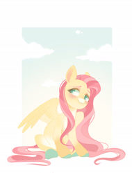 Size: 1983x2610 | Tagged: safe, artist:irusumau, imported from derpibooru, fluttershy, pegasus, pony, blushing, coat markings, colored hooves, colored pupils, countershading, cute, facial markings, female, hair physics, high res, long mane, looking away, looking sideways, looking up, mane physics, mare, outdoors, pale belly, partially open wings, passepartout, shyabetes, sitting, sky background, smiling, snip (coat marking), solo, three quarter view, wings