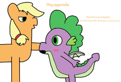 Size: 750x514 | Tagged: safe, artist:liamrev, imported from derpibooru, applejack, spike, dragon, earth pony, pony, 1000 hours in ms paint, applespike, bedroom eyes, blushing, female, flirting, imminent sex, implied rarity, implied sex, male, missing accessory, shipping, simple background, straight, tail, tailboner, white background
