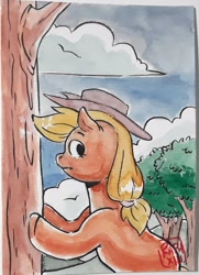 Size: 1377x1902 | Tagged: safe, artist:raph13th, imported from derpibooru, applejack, earth pony, pony, apple, apple tree, applejack's hat, bucking, cloud, cowboy hat, food, hat, looking at something, sky, solo, traditional art, tree, tree branch, watercolor painting