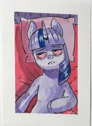 Size: 1373x1881 | Tagged: safe, artist:raph13th, imported from derpibooru, twilight sparkle, pony, bed, distant stare, lying down, lying on bed, on bed, pillow, red eyes, solo, traditional art, watercolor painting