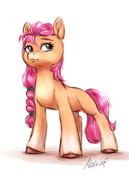 Size: 1156x1564 | Tagged: safe, artist:buttersprinkle, imported from derpibooru, sunny starscout, earth pony, pony, braid, colored sketch, eyebrows, female, full body, g5, hooves, mare, my little pony: a new generation, shadow, signature, simple background, solo, standing, tail, three quarter view, unshorn fetlocks, white background
