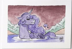 Size: 2242x1526 | Tagged: safe, artist:raph13th, imported from derpibooru, princess luna, alicorn, pony, lake, solo, submerged, traditional art, watercolor painting