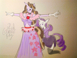 Size: 1232x924 | Tagged: safe, artist:gameboyred, imported from derpibooru, rarity, oc, anthro, unicorn, anthro oc, clothes, dress, duo, female, horn, unicorn oc