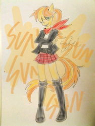 Size: 924x1232 | Tagged: safe, artist:gameboyred, imported from derpibooru, oc, oc only, oc:sunny day, oc:sunny smile, anthro, earth pony, anthro oc, clothes, crossed arms, earth pony oc, female, skirt, solo, traditional art