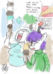 Size: 800x1117 | Tagged: safe, artist:gameboyred, imported from derpibooru, oc, oc only, oc:snowy night, anthro, unicorn, anthro oc, clothes, female, food, horn, ice cream, open mouth, sweater, unicorn oc