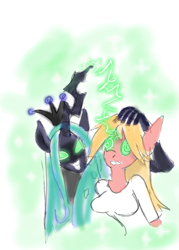 Size: 800x1117 | Tagged: safe, artist:gameboyred, imported from derpibooru, queen chrysalis, oc, anthro, changeling, earth pony, anthro oc, clothes, duo, earth pony oc, female, glowing, glowing eyes, grin, hypnosis, magic, smiling