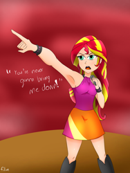 Size: 2104x2800 | Tagged: safe, artist:film77asq, imported from derpibooru, sunset shimmer, equestria girls, rainbow rocks, armpits, bare shoulders, clothes, female, human coloration, microphone, open mouth, pointing, scene interpretation, singing, skirt, sleeveless, solo, welcome to the show