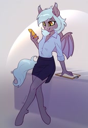 Size: 1455x2109 | Tagged: safe, artist:taneysha, imported from derpibooru, oc, oc only, oc:little mine, anthro, bat pony, unguligrade anthro, cellphone, clipboard, clothes, phone, skirt, solo