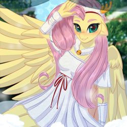 Size: 3000x3000 | Tagged: safe, artist:auroracursed, imported from derpibooru, fluttershy, anthro, pegasus, christmas, clothes, cute, dress, female, holiday, mare, shy, shyabetes, skirt, smiling, solo