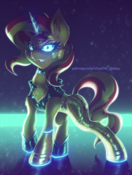 Size: 750x1000 | Tagged: safe, artist:shad0w-galaxy, imported from derpibooru, sunset shimmer, cyborg, pony, unicorn, equestria girls, chest fluff, choker, clothes, female, glowing, glowing eyes, glowing horn, grin, horn, jacket, leather jacket, mare, raised hoof, slim, smiling