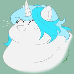 Size: 614x614 | Tagged: safe, artist:necrofeline, imported from derpibooru, oc, oc only, oc:snowy night, pony, unicorn, bust, cute, eyes closed, fat, female, freckles, green background, horn, morbidly obese, obese, simple background, solo, unicorn oc