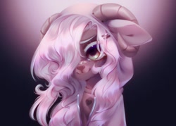 Size: 2326x1669 | Tagged: safe, artist:shenki, imported from derpibooru, oc, oc only, pony, :3, bandaid, bandaid on nose, bust, eyebrows, eyelashes, goat horns, gradient background, hair over one eye, heart, hood, horns, looking at you, oc name needed, portrait, smiling, smirk, solo, unknown species, white eyebrows, white eyelashes, zipper