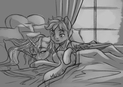 Size: 892x635 | Tagged: safe, imported from derpibooru, princess celestia, oc, oc:light knight, alicorn, pegasus, pony, bed, canon x oc, folded wings, grayscale, love, monochrome, on bed, pegasus oc, sketch, spread wings, window, wings