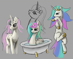 Size: 1280x1049 | Tagged: safe, artist:odooee, imported from derpibooru, princess cadance, princess celestia, shining armor, alicorn, pony, bathtub, claw foot bathtub, crown, doodle, female, jewelry, male, mare, pink-mane celestia, regalia, shiningcadance, shipping, sketch, sketch dump, solo, straight, swanlestia