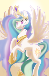 Size: 2297x3517 | Tagged: safe, artist:theroyalprincesses, imported from derpibooru, princess celestia, alicorn, pony, crown, female, high res, jewelry, mare, regalia, smiling, solo, spread wings, wings