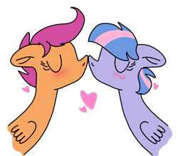 Size: 2267x1988 | Tagged: artist needed, source needed, safe, imported from derpibooru, scootaloo, wind sprint, pegasus, pony, blushing, cute, cutealoo, duo, duo female, female, filly, floppy ears, foal, folded wings, freckles, heart, high res, in love, kissing, lesbian, scootasprint, shipping, short hair, simple background, sprintabetes, transparent background, two toned mane, wings