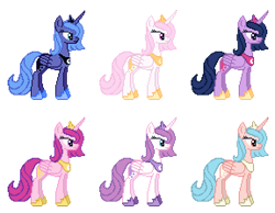 Size: 576x448 | Tagged: safe, artist:zeka10000, imported from derpibooru, cozy glow, princess cadance, princess celestia, princess flurry heart, princess luna, twilight sparkle, alicorn, pony, alicornified, alternate color palette, collar, cozycorn, jewelry, mugen, pixel art, race swap, simple background, sprite, standing, tiara, transparent background, young celestia