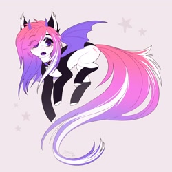 Size: 2048x2048 | Tagged: safe, imported from ponybooru, oc, oc only, bat pony, pony, bat pony oc, bat wings, blank flank, choker, fangs, female, long tail, mare, open mouth, pink background, simple background, solo, stars, wings