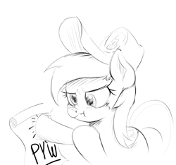 Size: 780x731 | Tagged: safe, artist:anonymous, derpy hooves, pegasus, pony, hat, monochrome, poster, scrunchy face, simple background, sketch