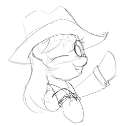 Size: 825x827 | Tagged: safe, artist:anonymous, wrangler, pony, clothes, hat, monochrome, raised hoof, simple background, sketch, smiling, winking at you