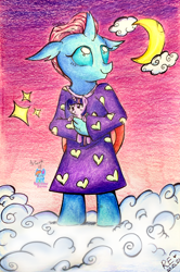 Size: 1994x3000 | Tagged: safe, artist:rainbow eevee, imported from ponybooru, ocellus, twilight sparkle, alicorn, anthro, changedling, changeling, pony, aesthetic, aesthetic background, anthrofied, arthropod, clothes, cloud, cute, equine, evening, female, grin, moon, pajamas, plushie, smiling, sparkles, sunset, teal body, traditional art