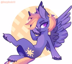 Size: 2048x1801 | Tagged: safe, artist:berrysoda10, imported from derpibooru, oc, oc only, pegasus, pony, abstract background, chest fluff, colored pupils, ear fluff, ear piercing, earring, eyelashes, hooves, jewelry, multicolored mane, multicolored tail, pegasus oc, piercing, sitting, solo, spread wings, tail, unshorn fetlocks, wings