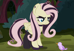 Size: 823x572 | Tagged: safe, anonymous editor, edit, edited screencap, imported from twibooru, screencap, fluttershy, mean fluttershy, bird, pegasus, pony, the mean 6, blushing, chick, choker, chokershy, clone, clothes, clothes edit, dyed mane, ear piercing, female, fluttergoth, garter belt, hair dye, hoof shoes, image, mare, mascara, piercing, png, raised eyebrow, socks, spread wings, stockings, thigh highs, wings