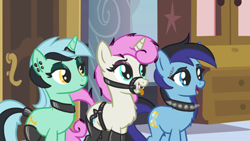 Size: 1280x720 | Tagged: safe, anonymous editor, edit, edited screencap, imported from twibooru, screencap, lyra heartstrings, minuette, twinkleshine, pony, unicorn, a canterlot wedding, bit, black lipstick, bridle, choker, clothes, clothes edit, door, dyed mane, ear piercing, emo, female, females only, garter belt, hair dye, horn, horn ring, image, jewelry, lipstick, mare, mascara, open mouth, piercing, png, ring, smiling, socks, spiked choker, stockings, tack, tail wrap, thigh highs, tongue out, trio