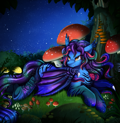 Size: 3395x3472 | Tagged: safe, artist:pridark, imported from derpibooru, oc, oc only, oc:tutti frutti/brain, cuttlefish, hybrid, pony, commission, grass, mushroom, night, night sky, scenery, sky, solo, tree