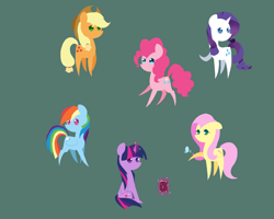 Size: 2500x2000 | Tagged: safe, artist:larix-u, imported from derpibooru, applejack, fluttershy, pinkie pie, rainbow dash, rarity, twilight sparkle, alicorn, butterfly, earth pony, pegasus, pony, unicorn, book, female, folded wings, glowing, glowing horn, green background, high res, horn, magic, magic aura, mane six, mare, pointy ponies, simple background, twilight sparkle (alicorn), wings